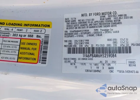 2017 Ford Mustang V6 из США, поврежденный, VIN 1FA6P8AM6H5259084